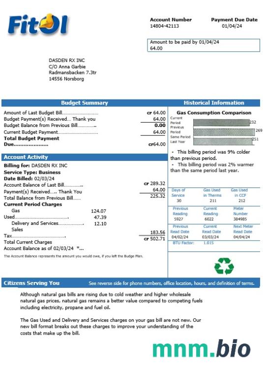 Sweden Fitol Gas rachunek za usługi komunalne szablon w formatach Word i PDF